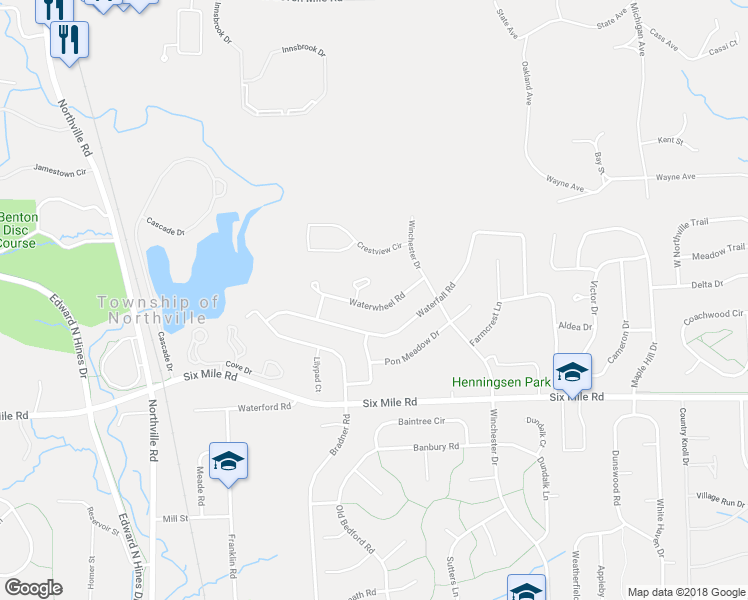 map of restaurants, bars, coffee shops, grocery stores, and more near 42044 Waterwheel Road in Northville