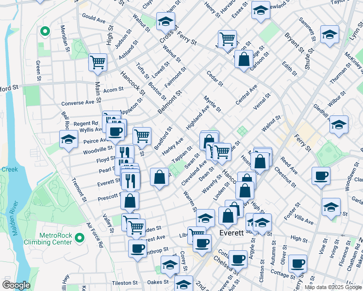 map of restaurants, bars, coffee shops, grocery stores, and more near 47A Harley Avenue in Everett