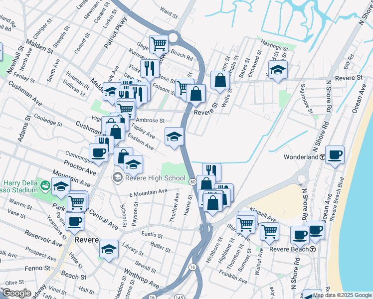 map of restaurants, bars, coffee shops, grocery stores, and more near 190 American Legion Highway in Revere