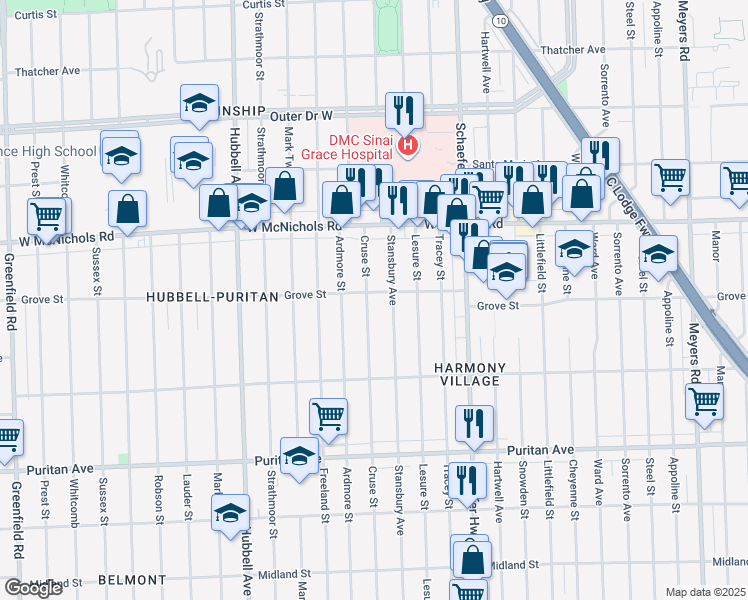 map of restaurants, bars, coffee shops, grocery stores, and more near 16671 Cruse Street in Detroit