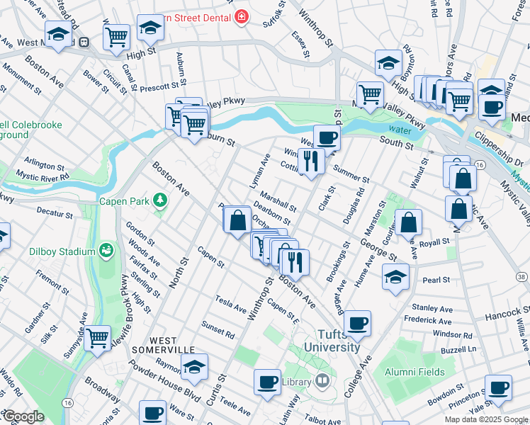 map of restaurants, bars, coffee shops, grocery stores, and more near 36A Dearborn Street in Medford