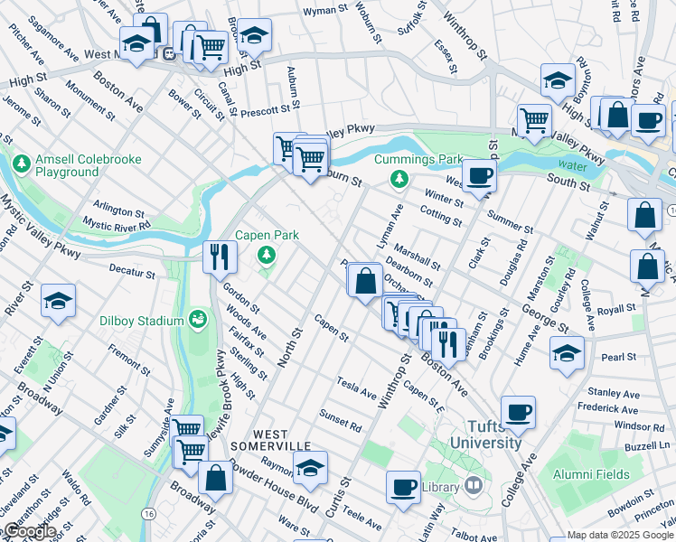map of restaurants, bars, coffee shops, grocery stores, and more near 250 Boston Avenue in Medford