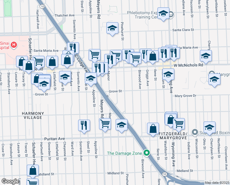 map of restaurants, bars, coffee shops, grocery stores, and more near 16669 Monte Vista Street in Detroit