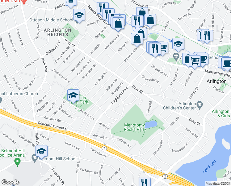 map of restaurants, bars, coffee shops, grocery stores, and more near 88-90 Newport Street in Arlington