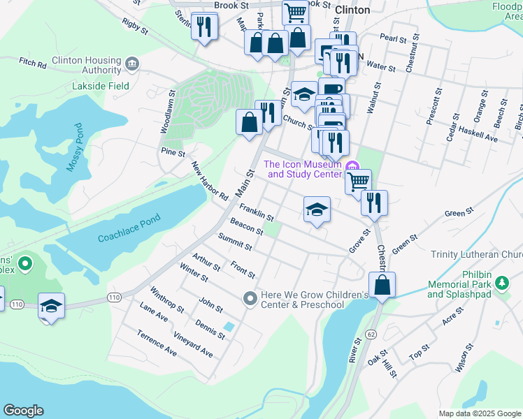 map of restaurants, bars, coffee shops, grocery stores, and more near 38 Franklin Street in Clinton