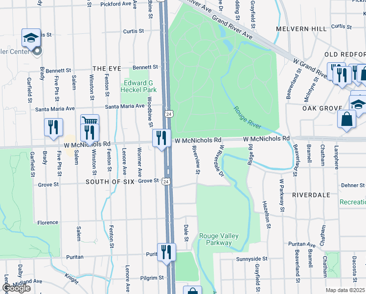 map of restaurants, bars, coffee shops, grocery stores, and more near 23829 West McNichols Road in Detroit