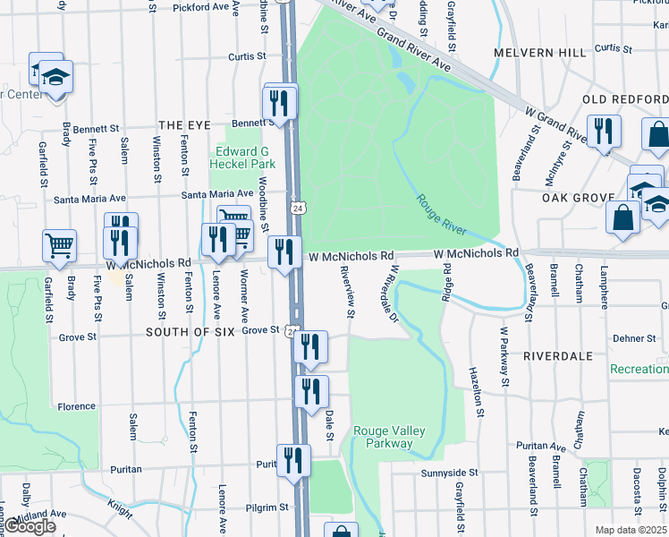 map of restaurants, bars, coffee shops, grocery stores, and more near 23829 West McNichols Road in Detroit