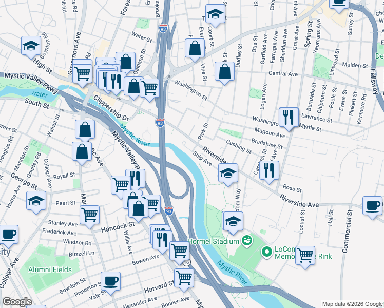 map of restaurants, bars, coffee shops, grocery stores, and more near 54 Ship Avenue in Medford