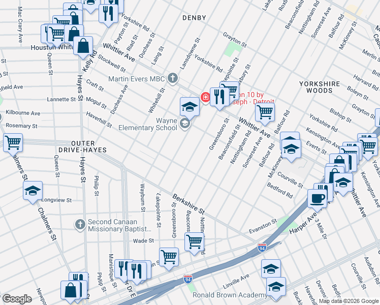 map of restaurants, bars, coffee shops, grocery stores, and more near 10343 Roxbury Street in Detroit