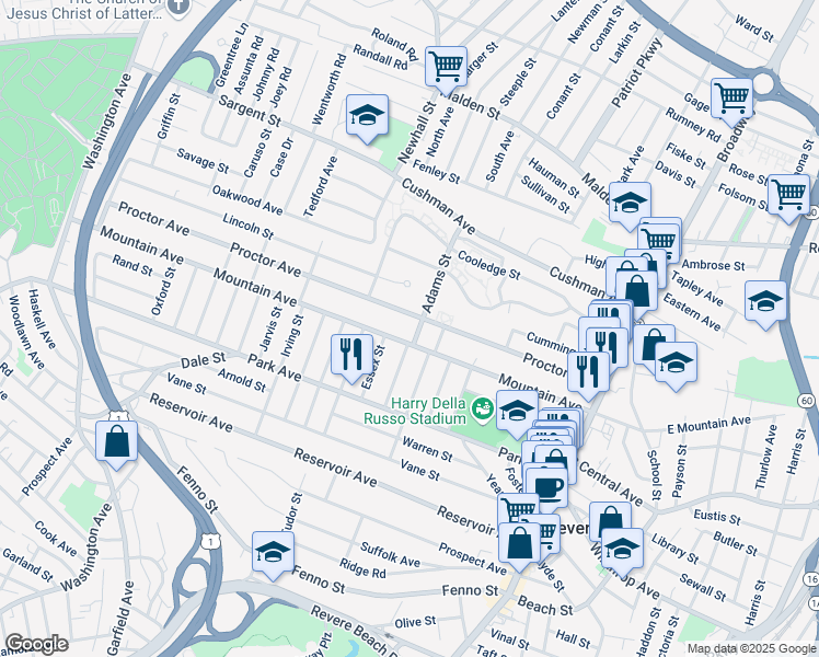 map of restaurants, bars, coffee shops, grocery stores, and more near 281 Mountain Avenue in Revere