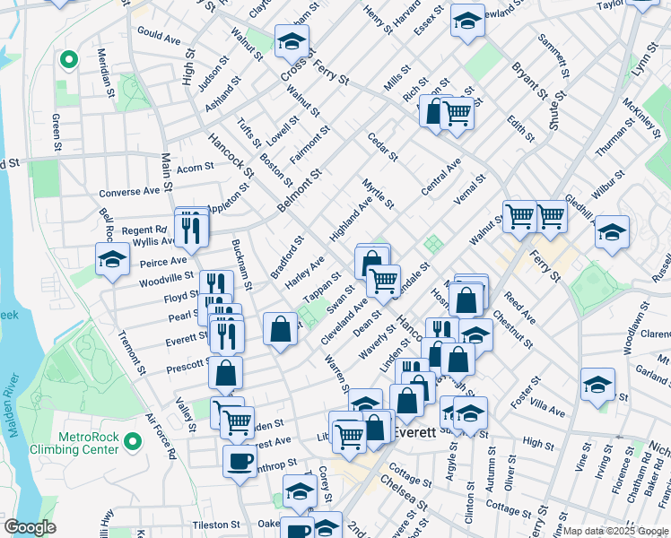 map of restaurants, bars, coffee shops, grocery stores, and more near 47A Harley Avenue in Everett