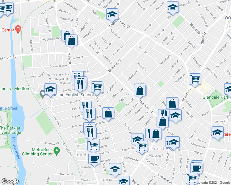 map of restaurants, bars, coffee shops, grocery stores, and more near 22 Harley Avenue in Everett