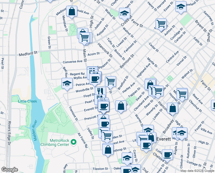 map of restaurants, bars, coffee shops, grocery stores, and more near 23 Avon Street in Everett