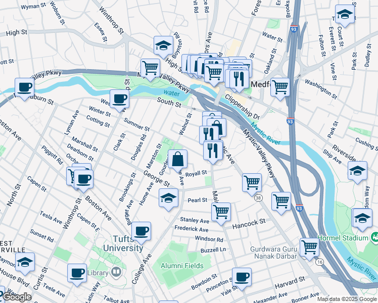 map of restaurants, bars, coffee shops, grocery stores, and more near 22 Summer Street in Medford