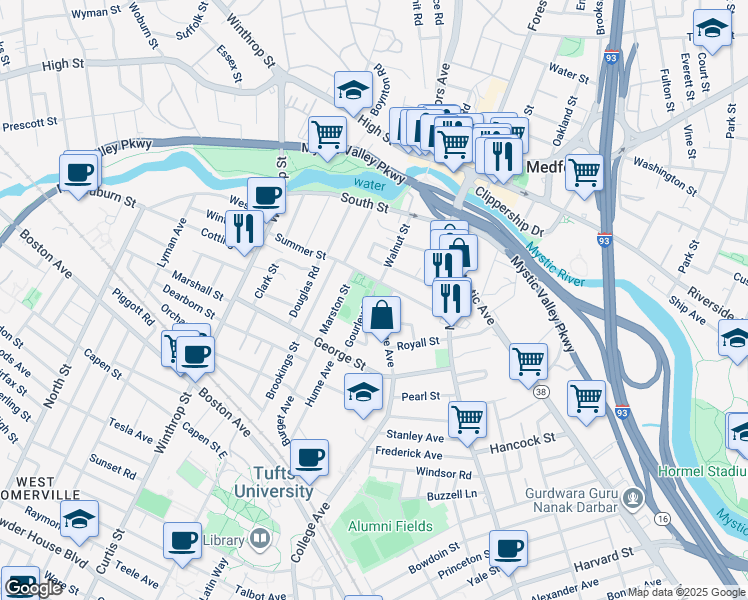 map of restaurants, bars, coffee shops, grocery stores, and more near 13 College Avenue in Medford