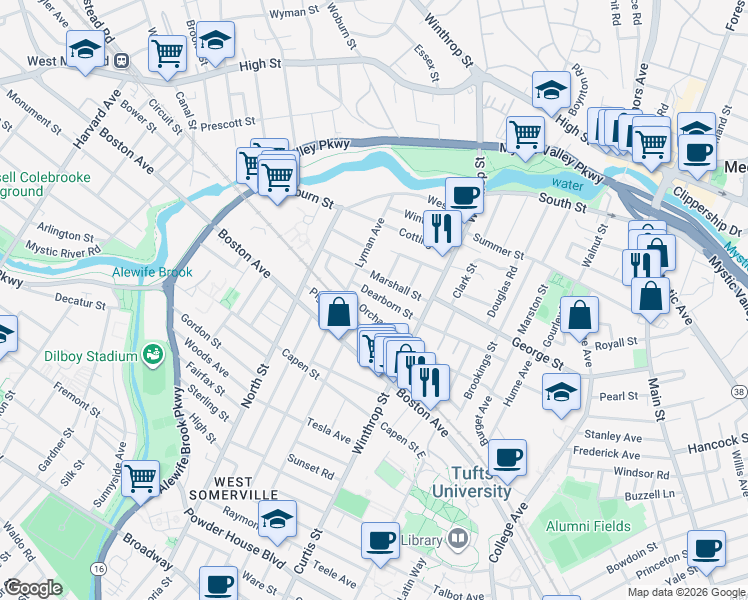 map of restaurants, bars, coffee shops, grocery stores, and more near 43 Orchard Street in Medford