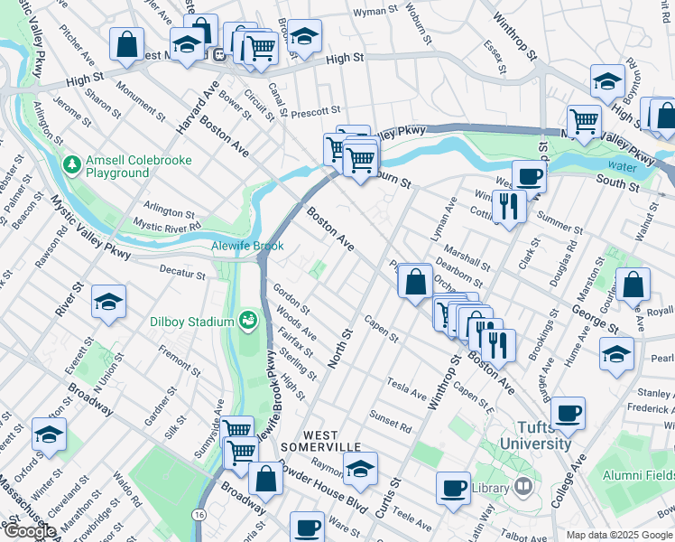 map of restaurants, bars, coffee shops, grocery stores, and more near 24 Pinkham Road in Medford