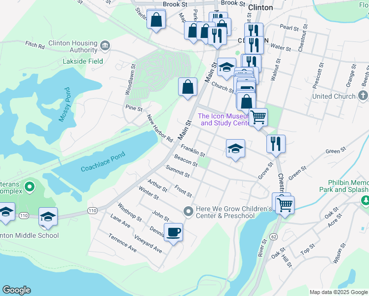 map of restaurants, bars, coffee shops, grocery stores, and more near 37 Franklin Street in Clinton