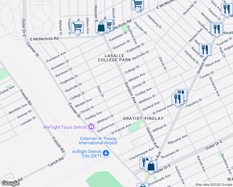 map of restaurants, bars, coffee shops, grocery stores, and more near 11504 Christy Street in Detroit