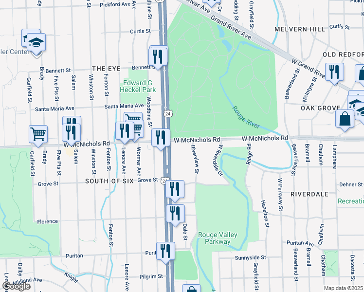 map of restaurants, bars, coffee shops, grocery stores, and more near 23829 West McNichols Road in Detroit