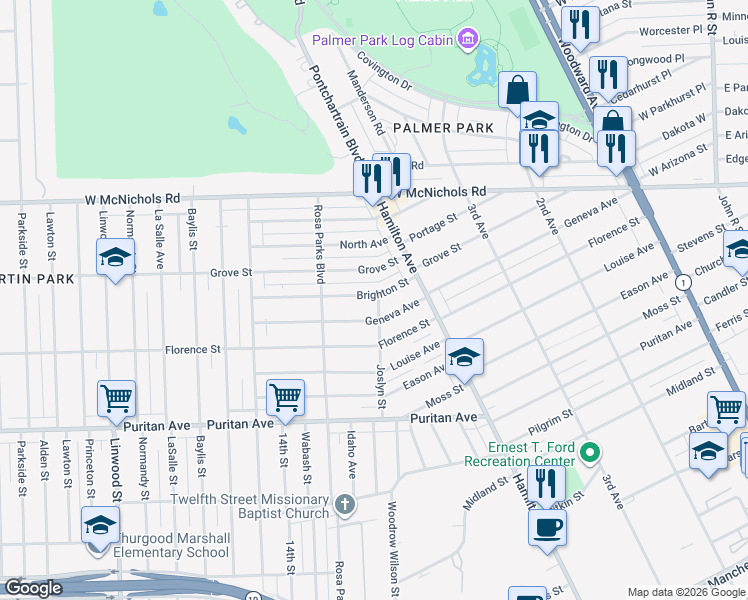 map of restaurants, bars, coffee shops, grocery stores, and more near 51 Brighton Street in Highland Park