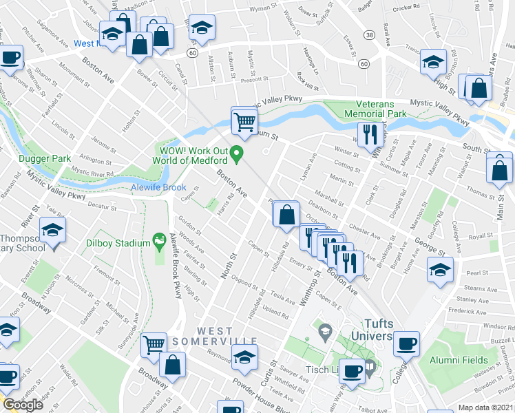 map of restaurants, bars, coffee shops, grocery stores, and more near Boston Avenue & North Street in Medford