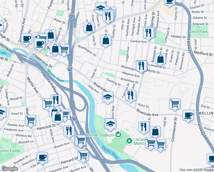 map of restaurants, bars, coffee shops, grocery stores, and more near 7 Abbott Street in Medford