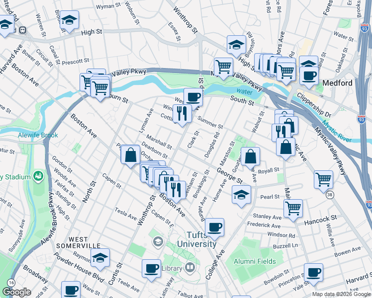 map of restaurants, bars, coffee shops, grocery stores, and more near 174 George Street in Medford