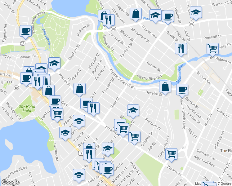 map of restaurants, bars, coffee shops, grocery stores, and more near 12 Exeter St in Arlington