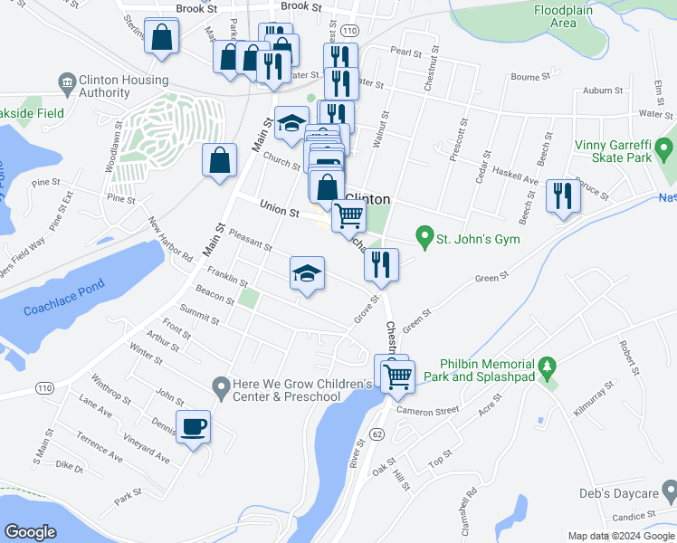 map of restaurants, bars, coffee shops, grocery stores, and more near 148 Pleasant Street in Clinton