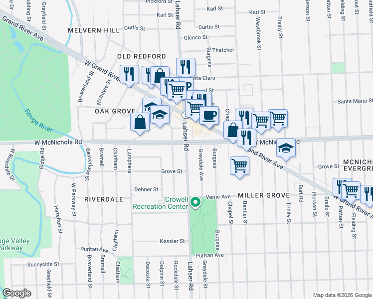 map of restaurants, bars, coffee shops, grocery stores, and more near 16885 Lahser Road in Detroit