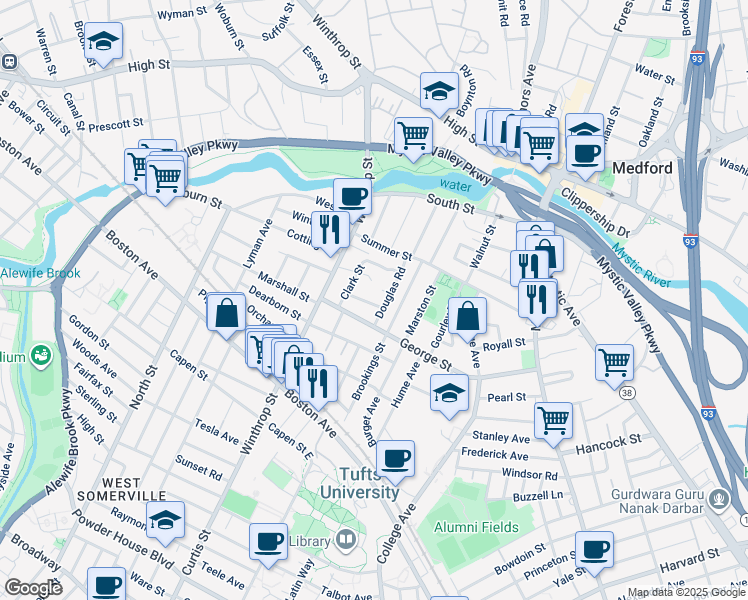 map of restaurants, bars, coffee shops, grocery stores, and more near 11 Corey Street in Medford