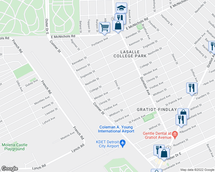 map of restaurants, bars, coffee shops, grocery stores, and more near 11248 College Street in Detroit
