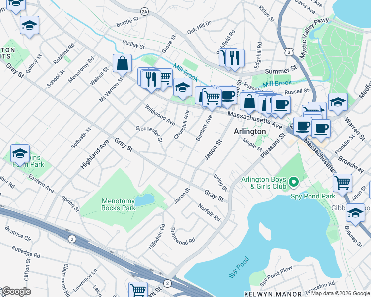 map of restaurants, bars, coffee shops, grocery stores, and more near 59 Bartlett Avenue in Arlington