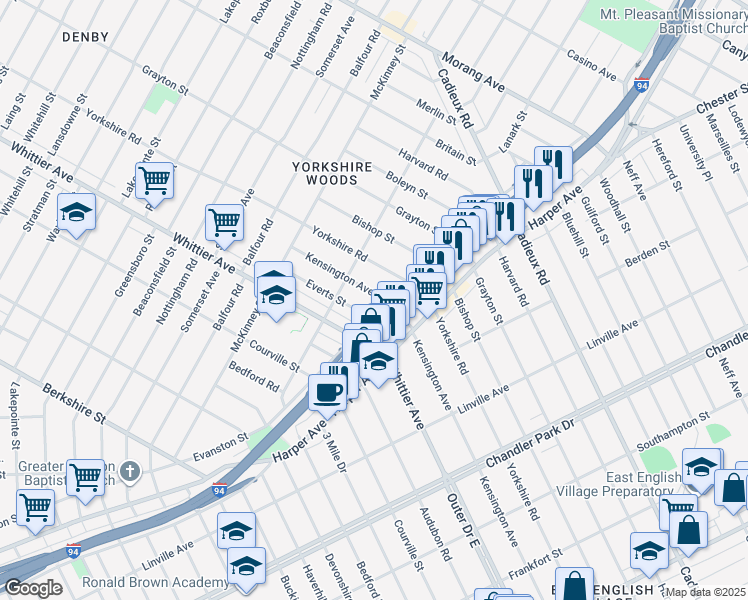 map of restaurants, bars, coffee shops, grocery stores, and more near 9149 Kensington Avenue in Detroit