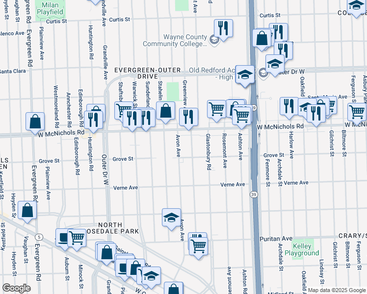 map of restaurants, bars, coffee shops, grocery stores, and more near 16819 Greenview Avenue in Detroit