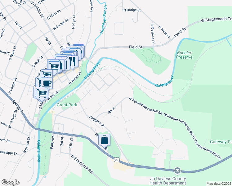map of restaurants, bars, coffee shops, grocery stores, and more near 309 4th Street in Galena