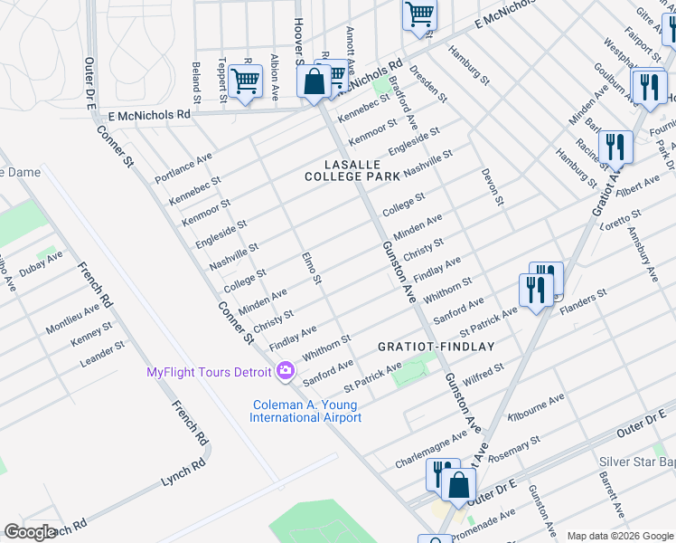 map of restaurants, bars, coffee shops, grocery stores, and more near 11422 Minden Avenue in Detroit