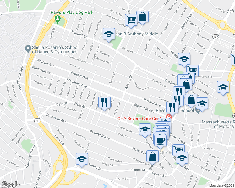 map of restaurants, bars, coffee shops, grocery stores, and more near 281 Mountain Avenue in Revere