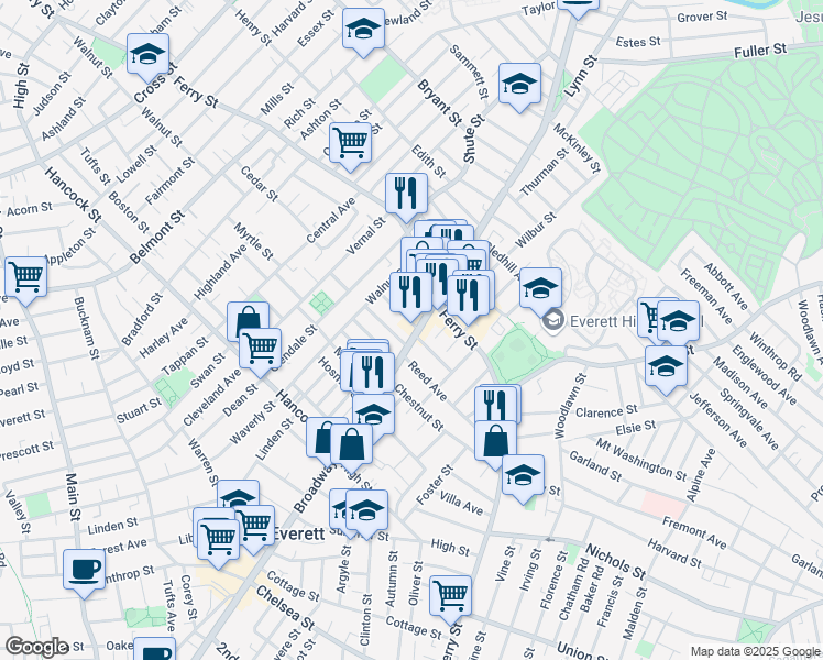 map of restaurants, bars, coffee shops, grocery stores, and more near 691 Broadway in Everett