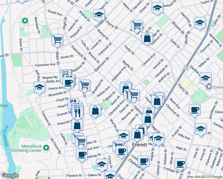 map of restaurants, bars, coffee shops, grocery stores, and more near 47A Harley Avenue in Everett