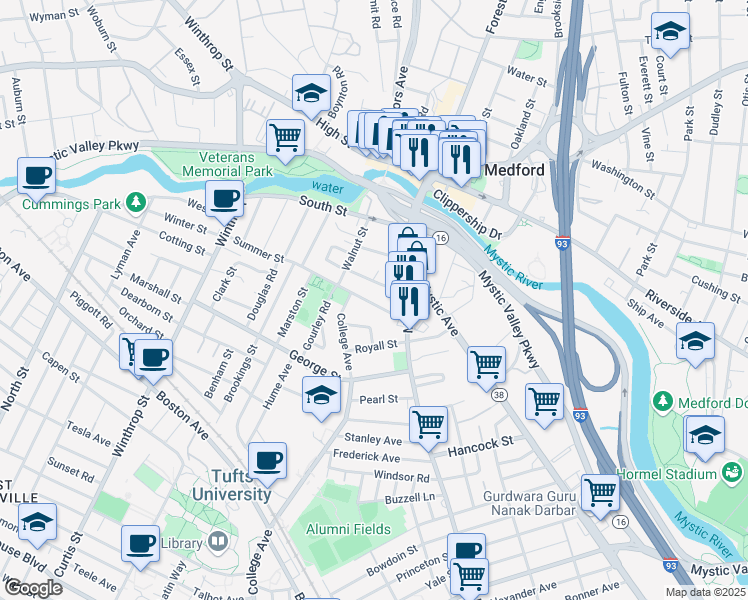 map of restaurants, bars, coffee shops, grocery stores, and more near 22 Summer Street in Medford