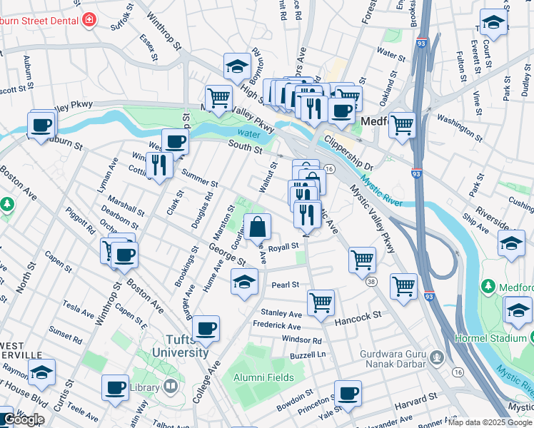 map of restaurants, bars, coffee shops, grocery stores, and more near 13 College Avenue in Medford