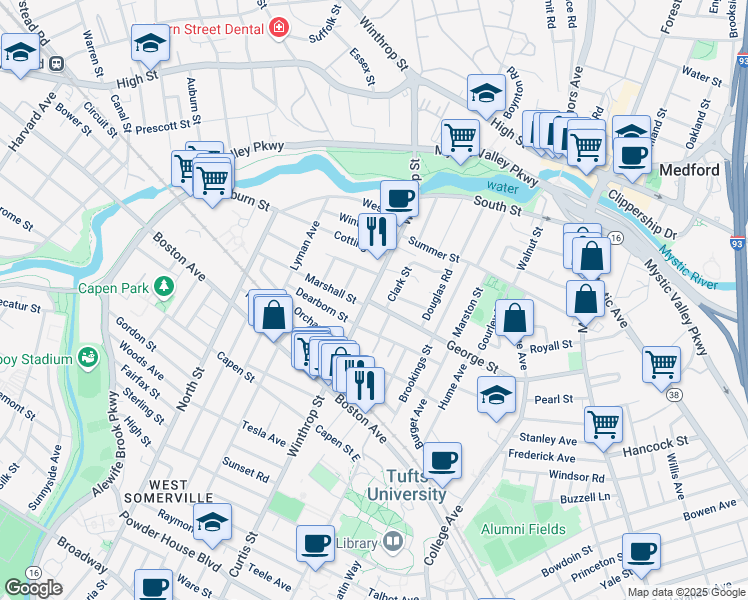 map of restaurants, bars, coffee shops, grocery stores, and more near 174 George Street in Medford