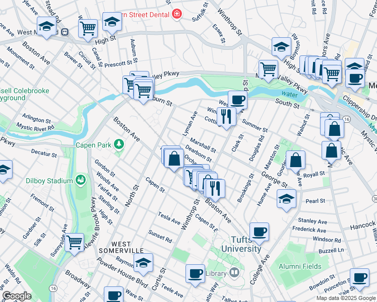 map of restaurants, bars, coffee shops, grocery stores, and more near 43 Orchard Street in Medford