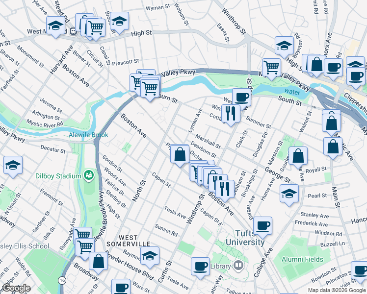 map of restaurants, bars, coffee shops, grocery stores, and more near 40 Piggott Road in Medford