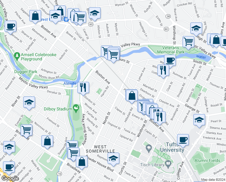 map of restaurants, bars, coffee shops, grocery stores, and more near 24 Pinkham Road in Medford
