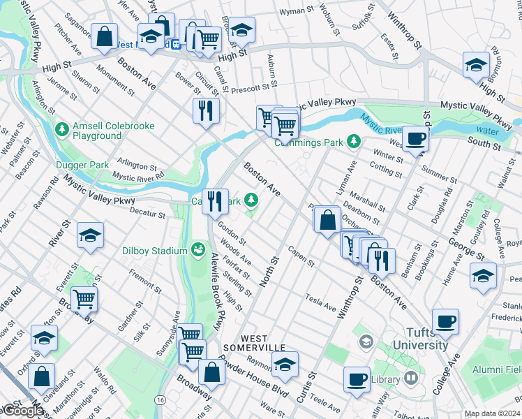 map of restaurants, bars, coffee shops, grocery stores, and more near 31 Harris Road in Medford