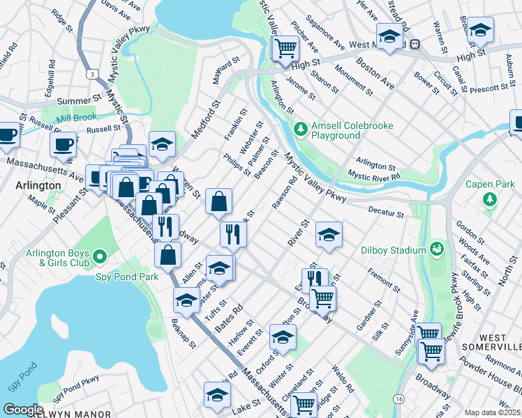 map of restaurants, bars, coffee shops, grocery stores, and more near 23 Park Street in Arlington