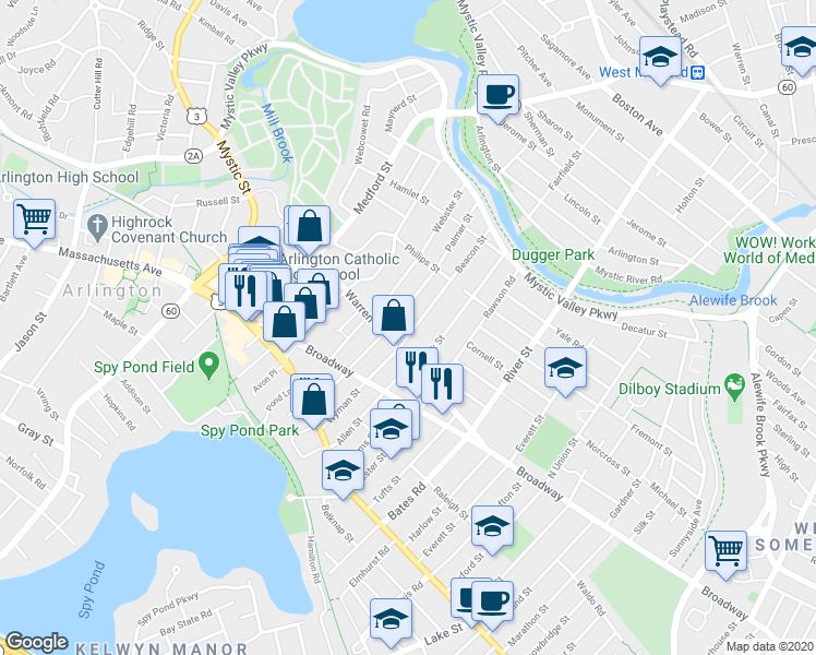 map of restaurants, bars, coffee shops, grocery stores, and more near 8 Beacon Street in Arlington
